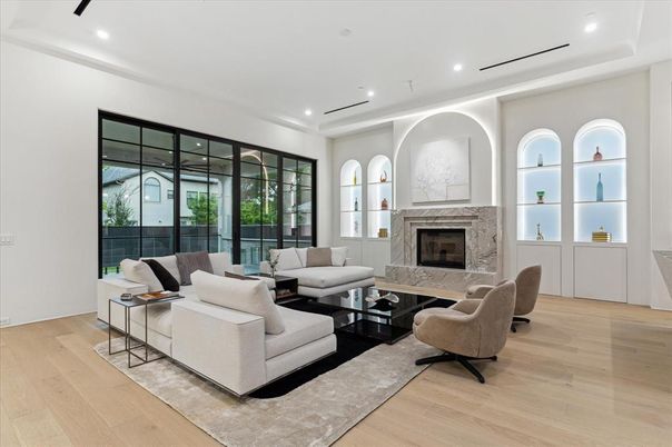 Fireplace, Interior, Living room, Recessed Lighting, Wood Texture Flooring