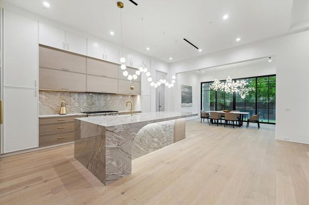 Dining room, Interior, Kitchen, Marble Walls, Pendant Lights, Recessed Lighting, Wood Texture Flooring