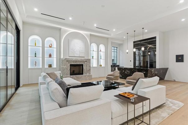Fireplace, Interior, Living room, Pendant Lights, Recessed Lighting, Wood Texture Flooring