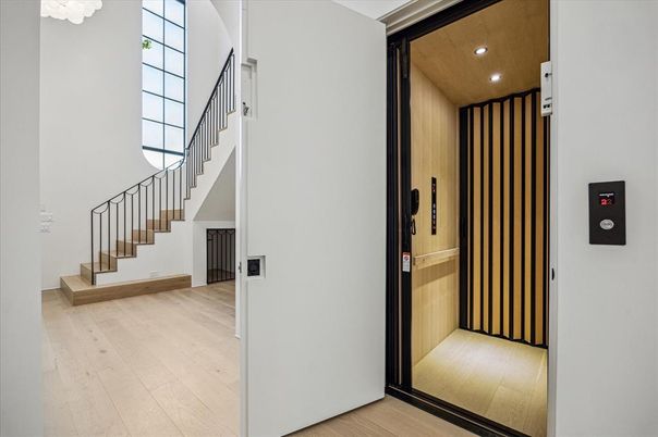 Elevator, Interior, Recessed Lighting, Wooden Ceilings, Wood Texture Flooring, Wooden Walls