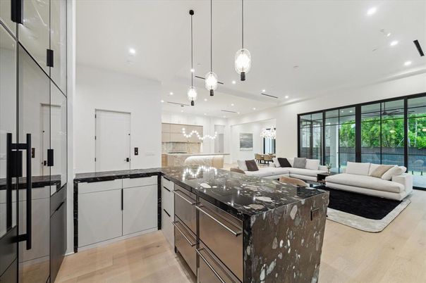 Interior, Kitchen, Living room, Pendant Lights, Recessed Lighting, Wood Texture Flooring