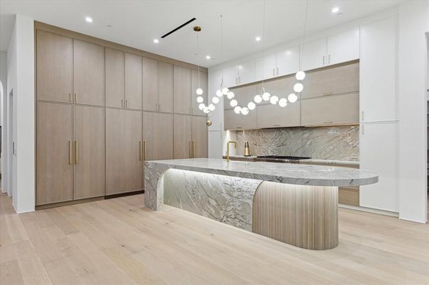 Interior, Kitchen, Marble Walls, Pendant Lights, Recessed Lighting, Wood Texture Flooring