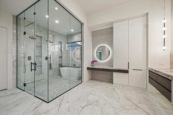 Bathroom, Free Standing Baths, Glass Shower, Interior, Marble, Marble Walls, Pendant Lights, Recessed Lighting