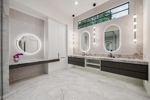 Bathroom, Dual Sink Vanities, Interior, Marble, Pendant Lights, Recessed Lighting