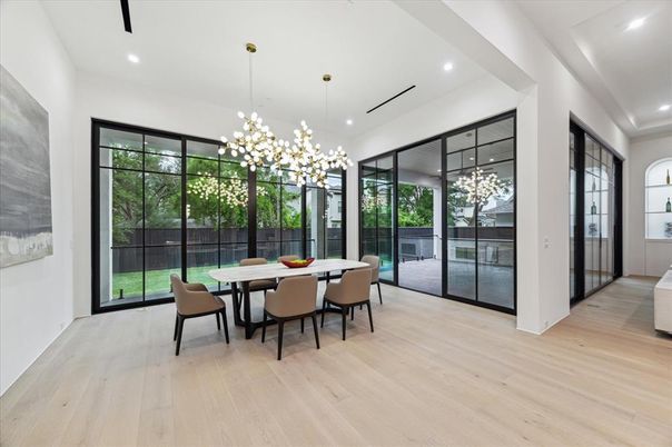 Dining room, Interior, Pendant Lights, Recessed Lighting, Wood Texture Flooring