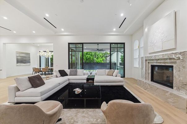 Dining room, Fireplace, Interior, Living room, Recessed Lighting, Wood Texture Flooring