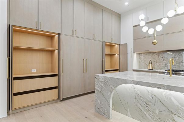 Interior, Kitchen, Marble Walls, Pendant Lights, Recessed Lighting, Wood Texture Flooring