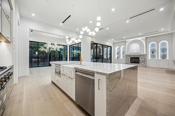 Fireplace, Interior, Kitchen, Pendant Lights, Recessed Lighting, Stainless Steel Appliances, Wood Texture Flooring