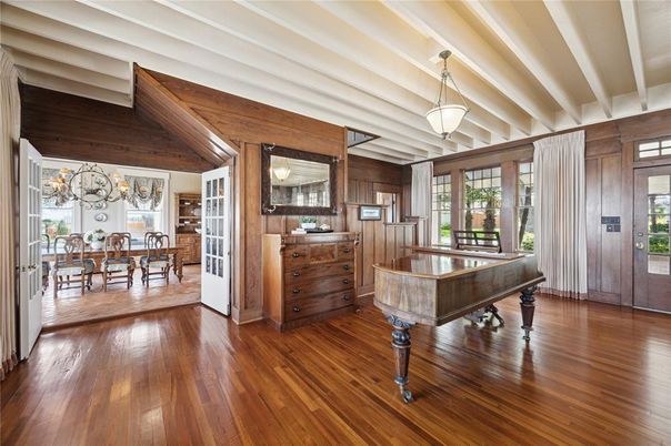 Chandelier, Dining room, Interior, Pendant Lights, Wood Texture Flooring, Wooden Walls