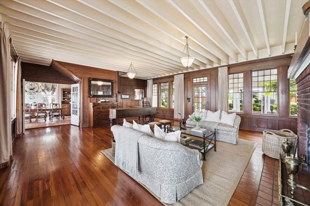 Dining room, Interior, Living room, Pendant Lights, Wood Texture Flooring, Wooden Walls