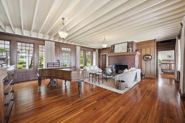 Fireplace, Interior, Living room, Pendant Lights, Piano, Wood Texture Flooring, Wooden Walls