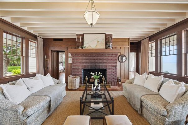 Fireplace, Interior, Living room, Pendant Lights, Wood Texture Flooring, Wooden Walls