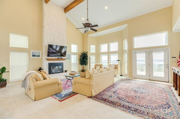 Fireplace, Interior, Living room, Recessed Lighting, Wooden Beams