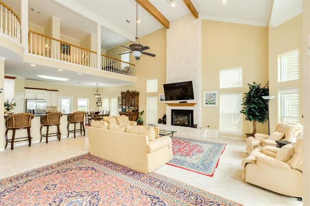 Fireplace, Interior, Kitchen, Living room, Recessed Lighting, Wooden Beams
