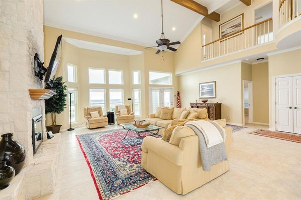 Fireplace, Interior, Living room, Recessed Lighting, Stone Walls, Wooden Beams