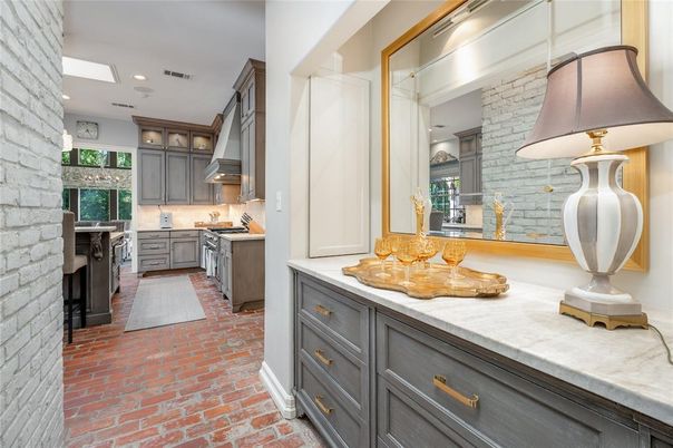 Interior, Kitchen, Recessed Lighting, Stainless Steel Appliances, Stone Walls