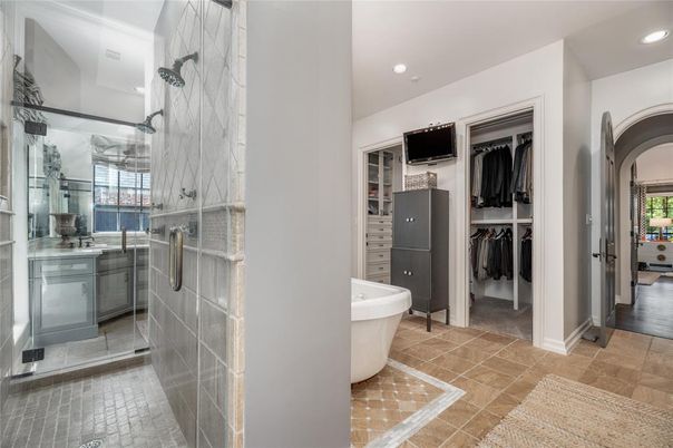 Bathroom, Free Standing Baths, Glass Shower, Interior, Recessed Lighting, Walk-in Closets