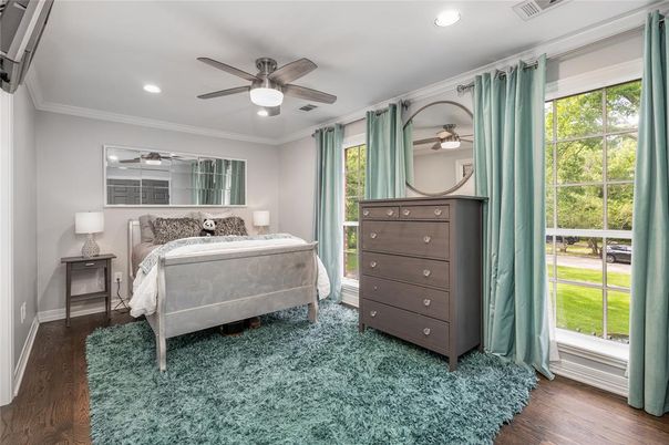 Bedroom, Interior, Recessed Lighting, Wood Texture Flooring