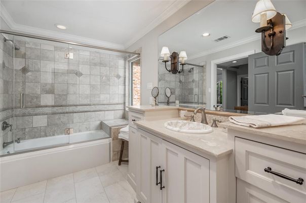 Bathroom, Dual Sink Vanities, Glass Shower, Interior, Recessed Lighting
