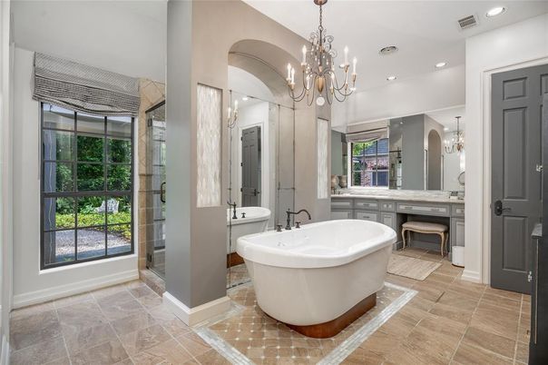 Bathroom, Chandelier, Free Standing Baths, Glass Shower, Interior, Recessed Lighting