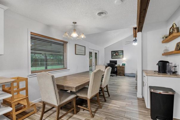 Dining room, Interior, Pendant Lights, Wood Texture Flooring