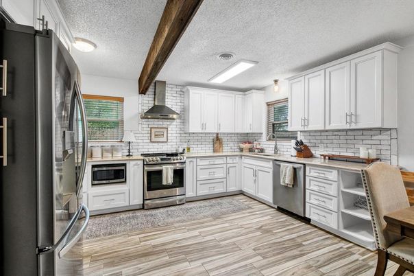 Interior, Kitchen, Stainless Steel Appliances, Stone Walls, Wooden Beams, Wood Texture Flooring
