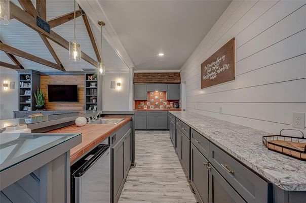 Interior, Kitchen, Pendant Lights, Recessed Lighting, Wooden Beams, Wood Texture Flooring