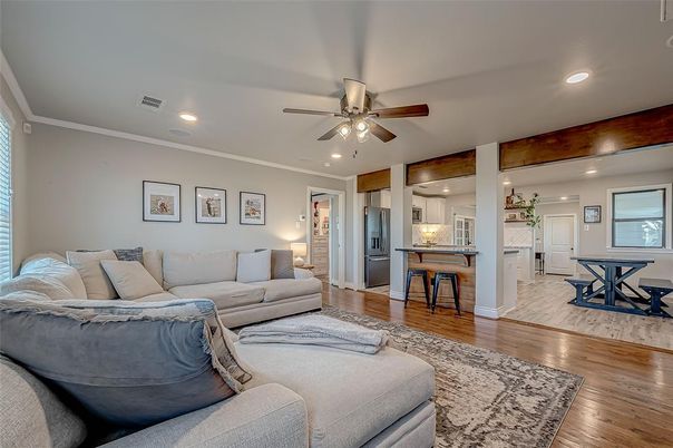 Interior, Kitchen, Living room, Recessed Lighting, Wood Texture Flooring