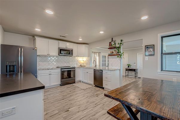 Interior, Kitchen, Recessed Lighting, Stainless Steel Appliances, Wood Texture Flooring