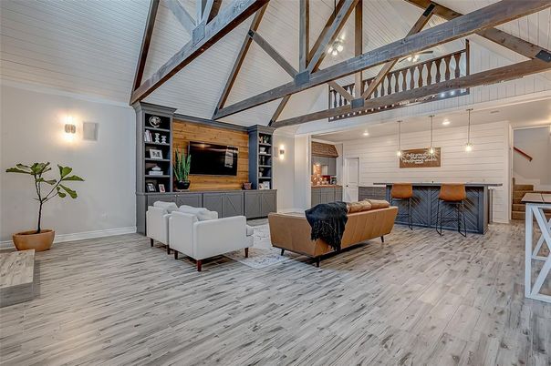 Dining room, Interior, Living room, Pendant Lights, Wooden Beams, Wood Texture Flooring