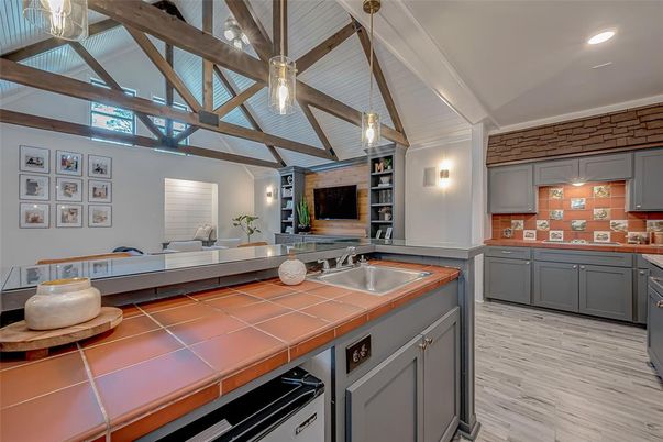 Interior, Kitchen, Pendant Lights, Recessed Lighting, Tile Countertops, Wood Texture Flooring