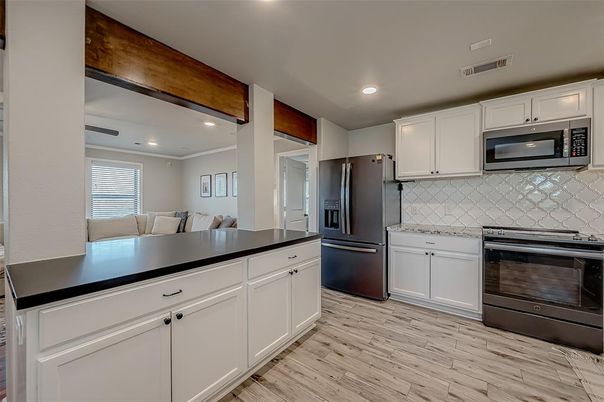 Interior, Kitchen, Recessed Lighting, Stainless Steel Appliances, Wood Texture Flooring