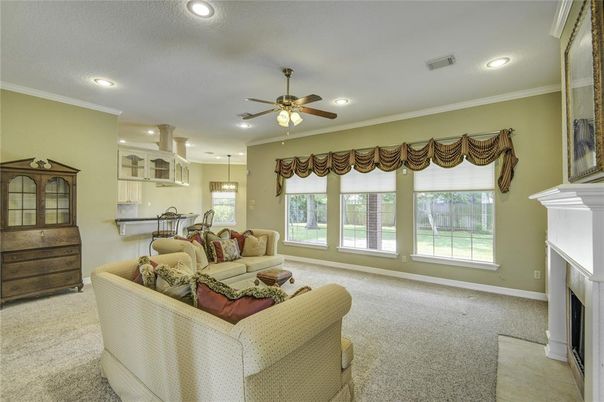 Dining room, Fireplace, Interior, Kitchen, Living room, Pendant Lights, Recessed Lighting
