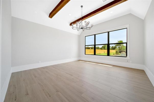 Chandelier, Empty room, Interior, Pendant Lights, Recessed Lighting, Wooden Beams, Wood Texture Flooring