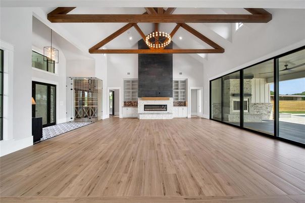 Empty room, Fireplace, Interior, Pendant Lights, Wooden Beams, Wood Texture Flooring
