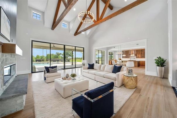 Fireplace, Interior, Kitchen, Living room, Pendant Lights, Recessed Lighting, Wooden Beams, Wood Texture Flooring