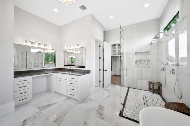 Bathroom, Dual Sink Vanities, Glass Shower, Interior, Marble, Recessed Lighting