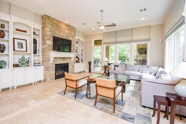 Fireplace, Interior, Living room, Recessed Lighting, Stone Walls