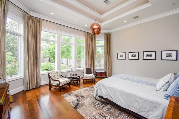 Bedroom, Interior, Pendant Lights, Recessed Lighting, Wood Texture Flooring