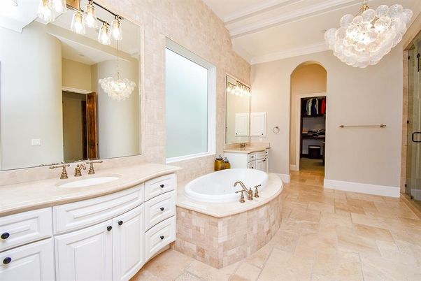 Bathroom, Chandelier, Dual Sink Vanities, Interior, Pendant Lights