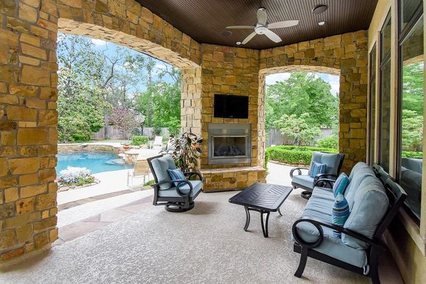 Exterior, Fireplace, Pool, Stone Walls