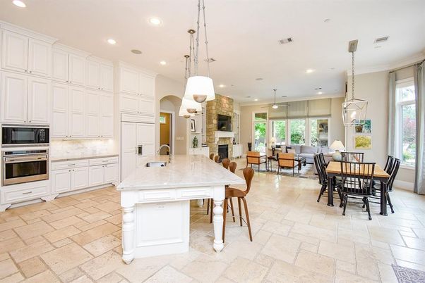 Dining room, Fireplace, Interior, Kitchen, Living room, Pendant Lights, Recessed Lighting, Stainless Steel Appliances