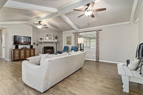 Fireplace, Interior, Living room, Stone Walls, Wood Texture Flooring