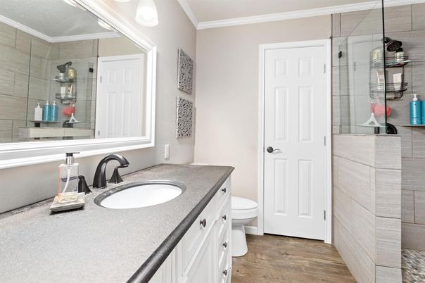 Bathroom, Glass Shower, Interior, Wood Texture Flooring
