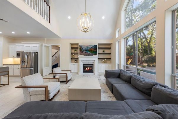 Fireplace, Interior, Kitchen, Living room, Pendant Lights, Recessed Lighting