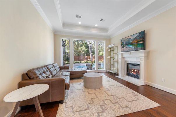Fireplace, Interior, Living room, Recessed Lighting, Wood Texture Flooring