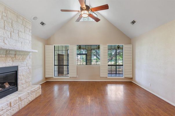 Empty room, Fireplace, Interior, Stone Walls, Wood Texture Flooring