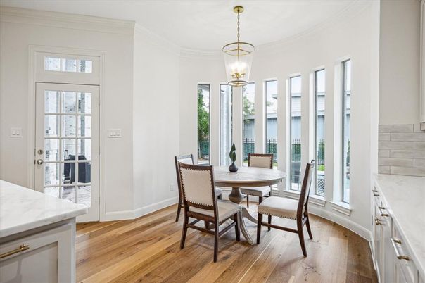Dining room, Interior, Pendant Lights, Wood Texture Flooring