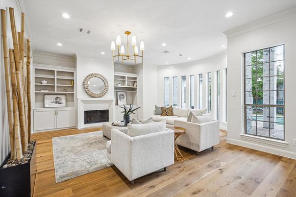 Chandelier, Fireplace, Interior, Living room, Recessed Lighting, Wood Texture Flooring