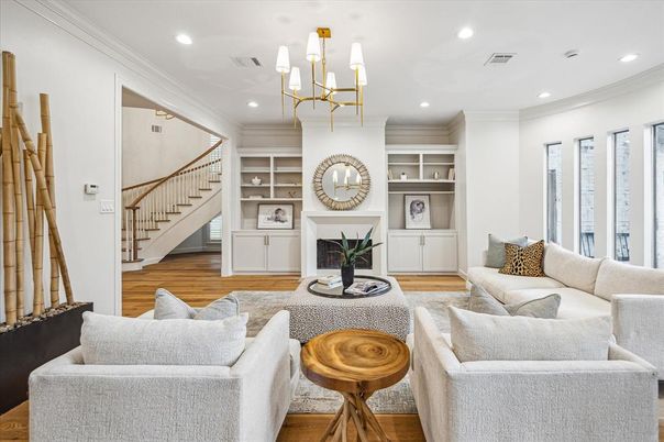 Chandelier, Fireplace, Interior, Living room, Recessed Lighting, Wood Texture Flooring
